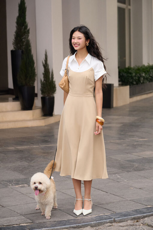 Đầm xoè phối tay liền cá vai đính cúc