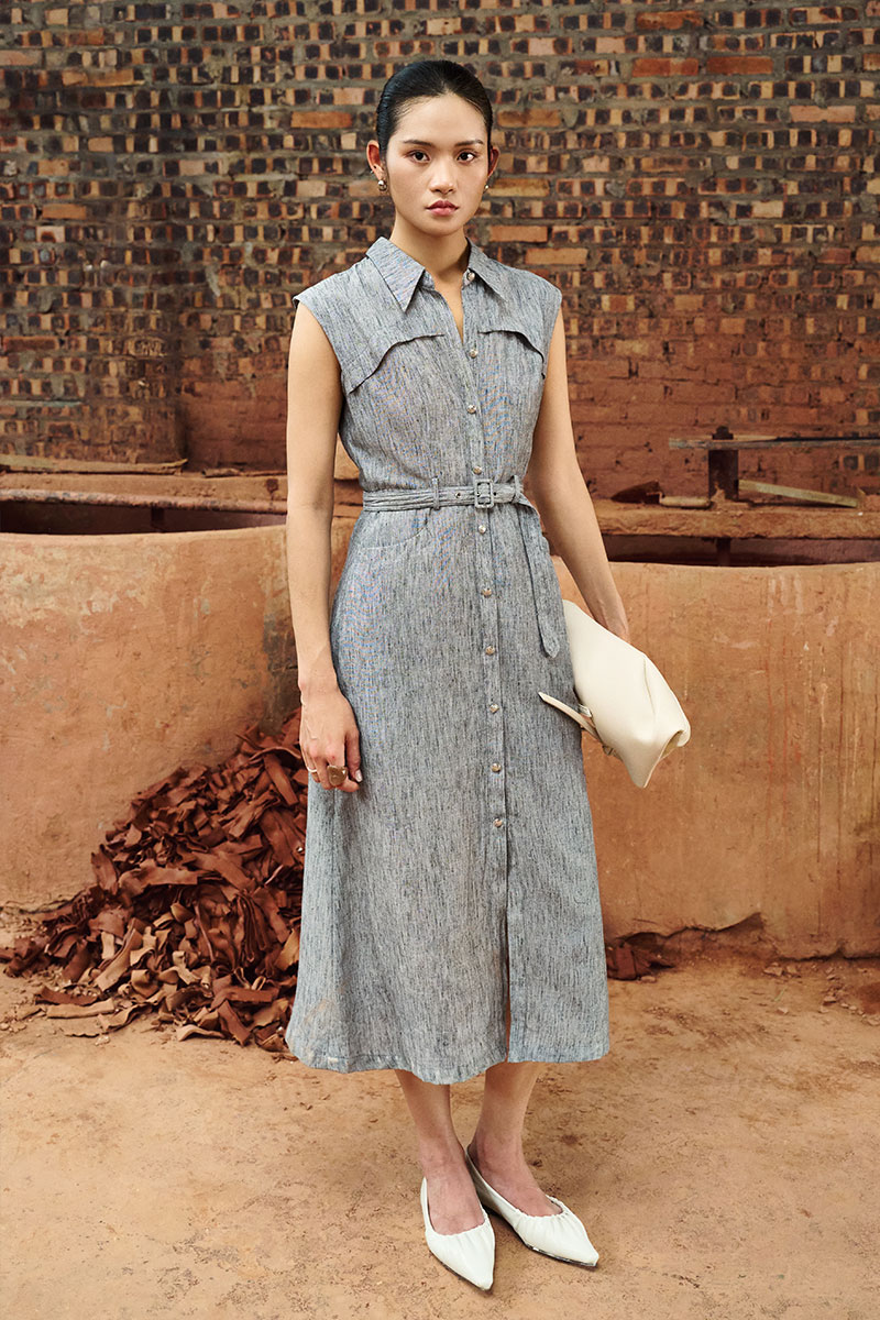 Đầm xoè vai chờm bong ngực kèm đai