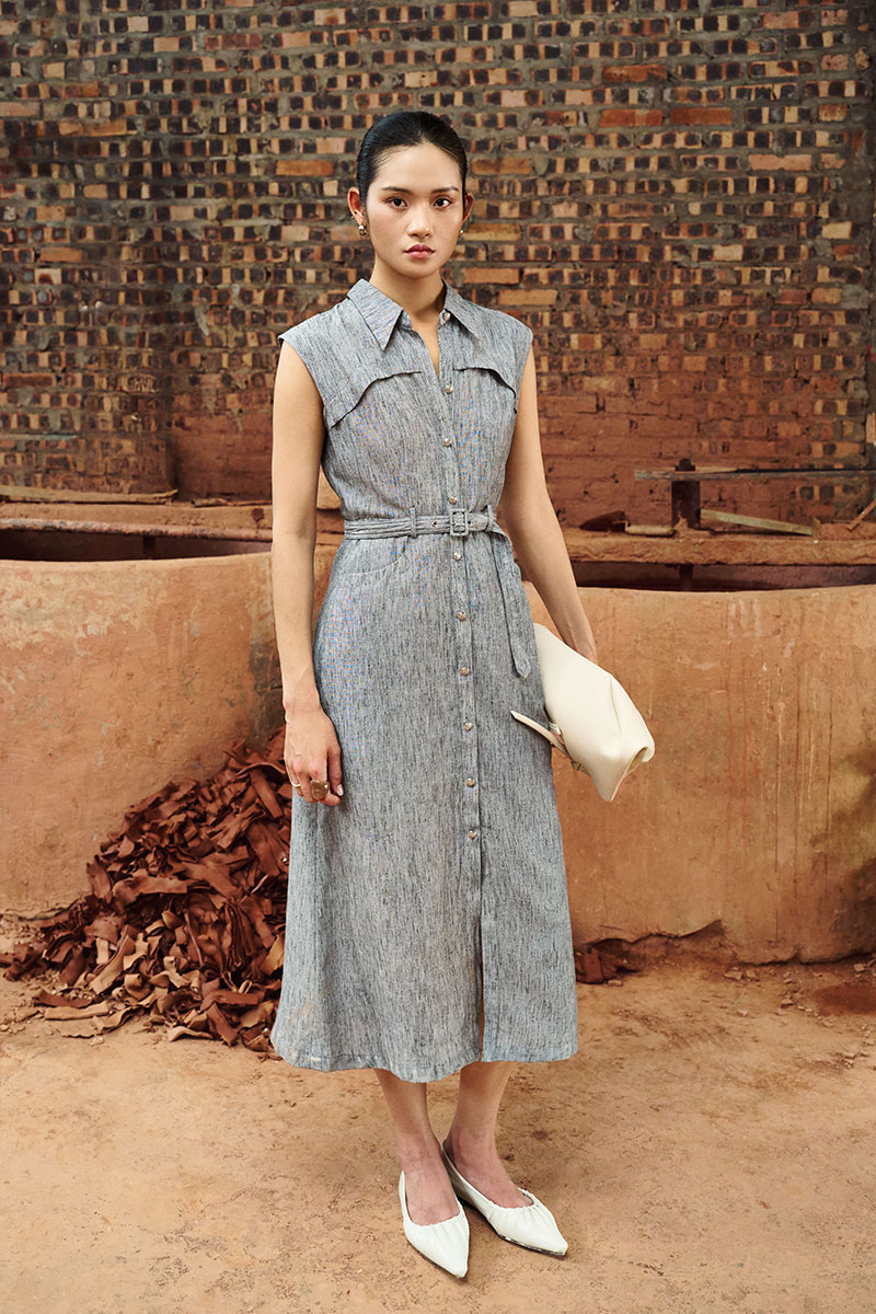 Đầm xoè vai chờm bong ngực kèm đai