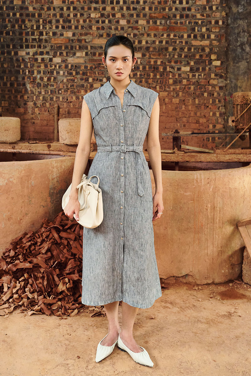 Đầm xoè vai chờm bong ngực kèm đai