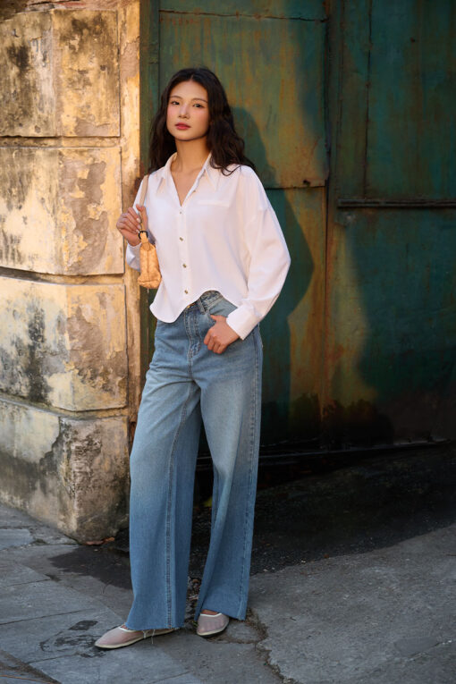 Quần jean suông cắt gấu xoã