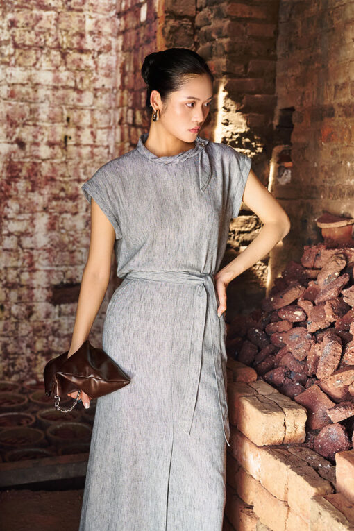 Sơ mi CT cổ vặn tạo nơ đính cúc