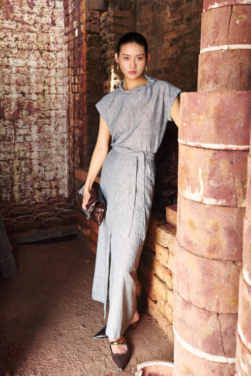 Sơ mi CT cổ vặn tạo nơ đính cúc