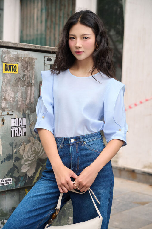 Sơ mi LT cổ tròn tay bong cách điệu