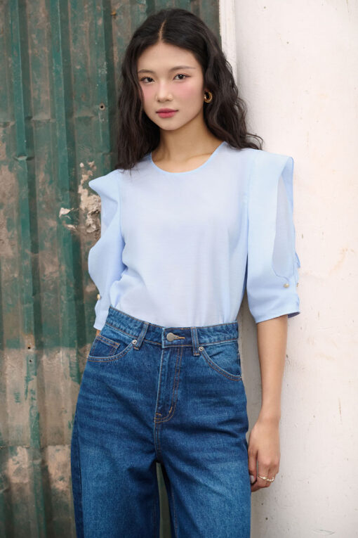 Sơ mi LT cổ tròn tay bong cách điệu