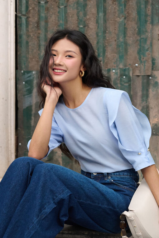 Sơ mi LT cổ tròn tay bong cách điệu