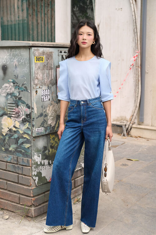 Sơ mi LT cổ tròn tay bong cách điệu