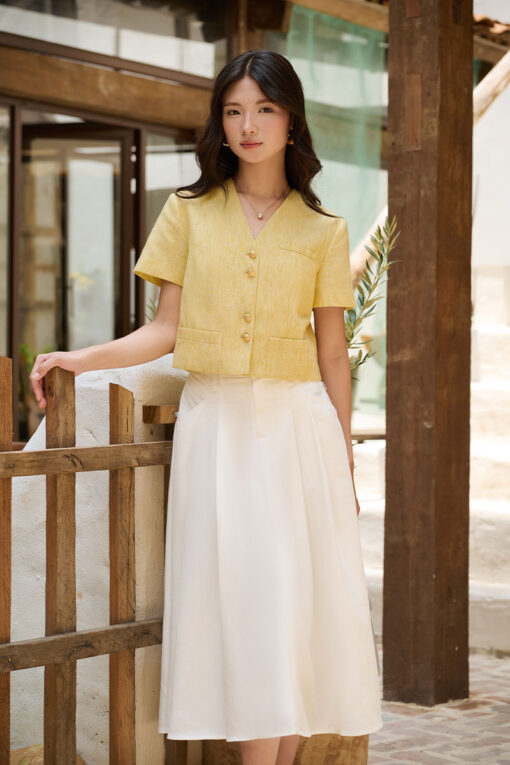 Áo kiểu CT croptop cúc đôi túi ốp gấu