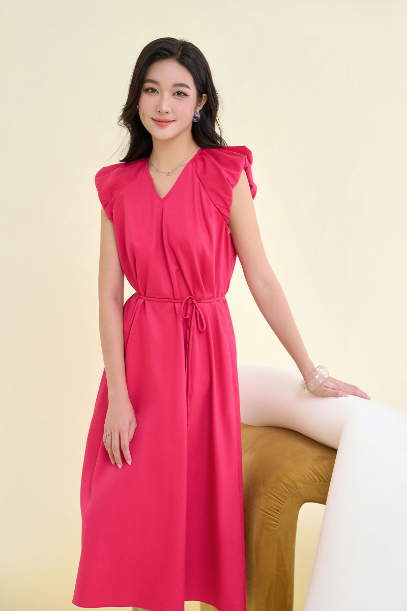 Đầm xoè cổ V vai bom chờm eo buộc dây