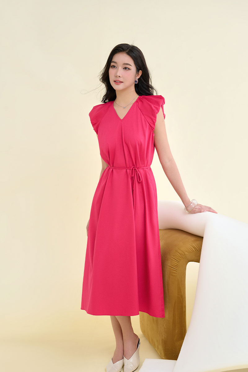 Đầm xoè cổ V vai bom chờm eo buộc dây