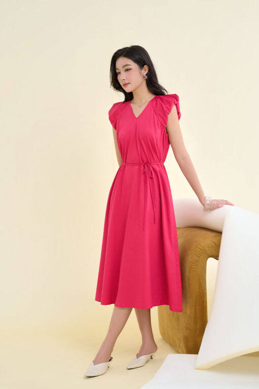 Đầm xoè cổ V vai bom chờm eo buộc dây