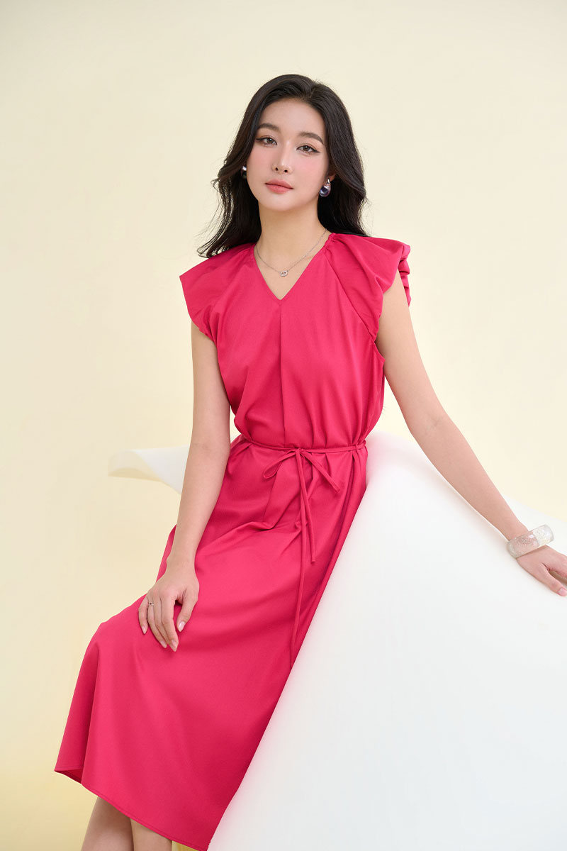 Đầm xoè cổ V vai bom chờm eo buộc dây