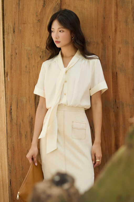 Sơ mi CT cổ buộc nơ măng sét chập