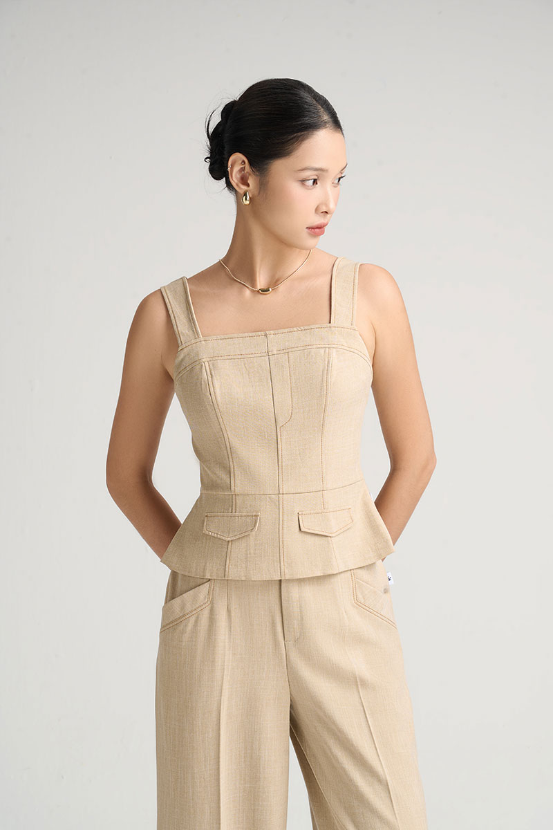 Áo kiểu 2 dây chần chỉ nắp túi TT