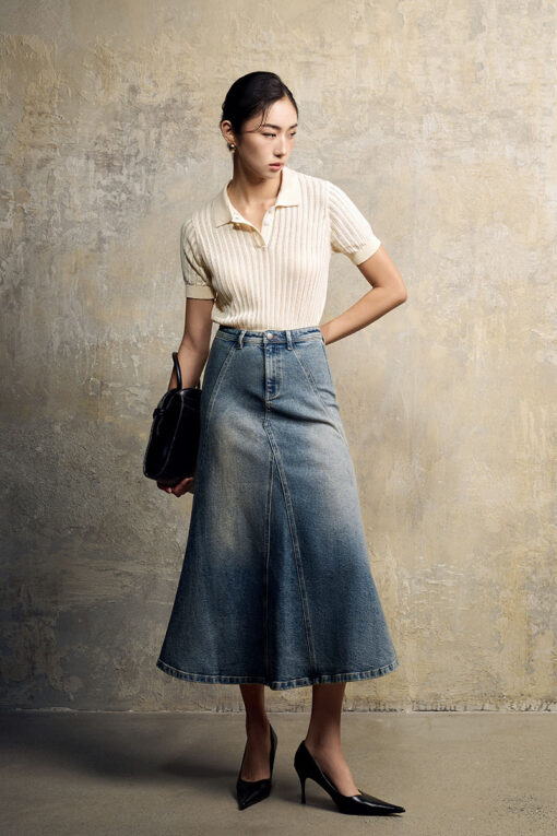 Chân váy jean xoè bổ can tạo múi