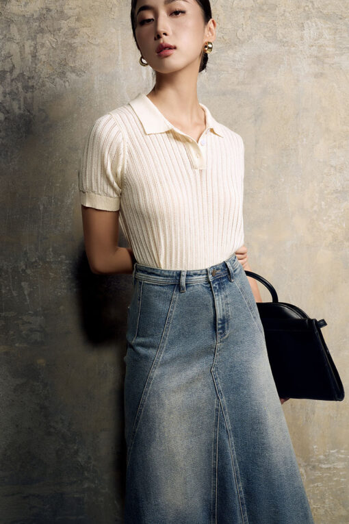 Áo len CT dệt kẻ lỗ, bo gấu