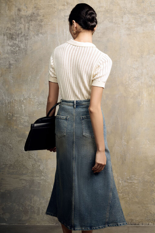 Áo len CT dệt kẻ lỗ, bo gấu