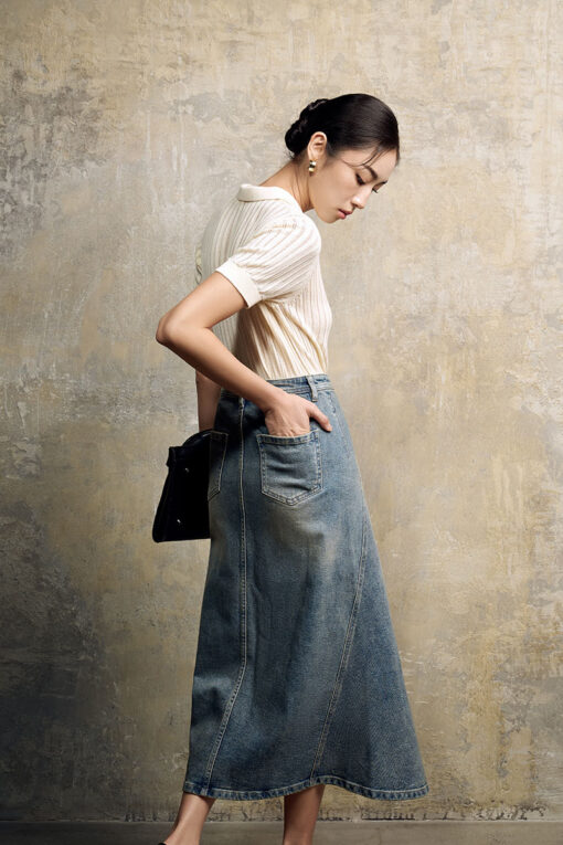 Áo len CT dệt kẻ lỗ, bo gấu