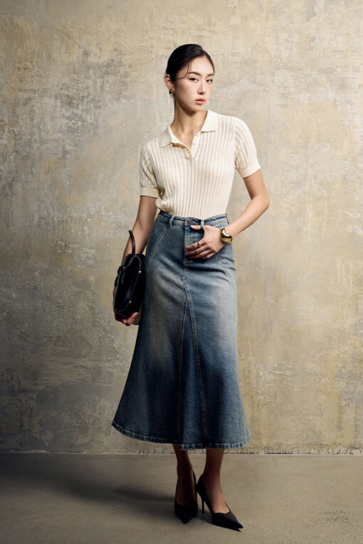 Áo len CT dệt kẻ lỗ, bo gấu