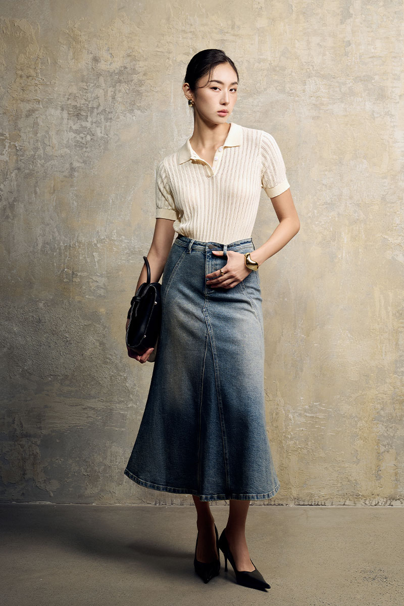 Áo len CT dệt kẻ lỗ, bo gấu