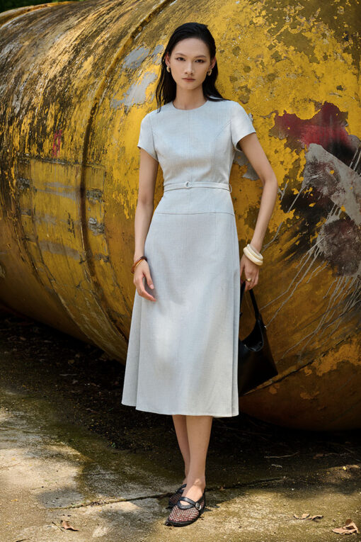 Đầm xoè cổ tròn can hông xếp ly gấu