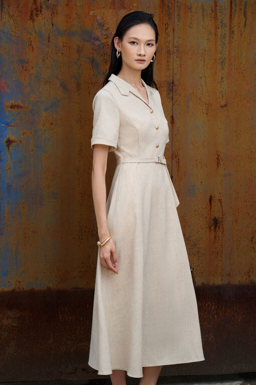 Đầm xoè cổ ve điệu đai eo