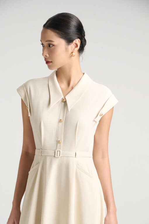 Đầm xoè đai eo vai bong đính cúc