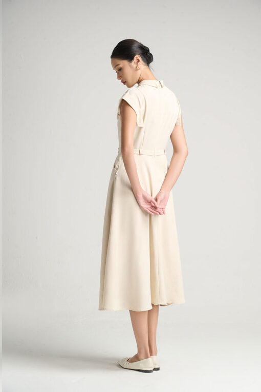 Đầm xoè đai eo vai bong đính cúc