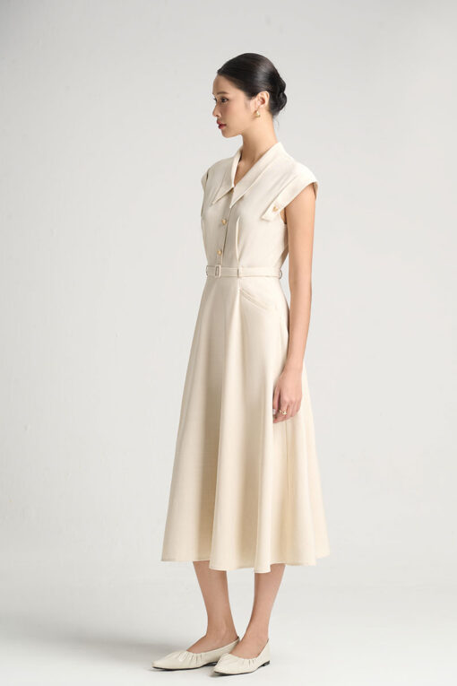 Đầm xoè đai eo vai bong đính cúc