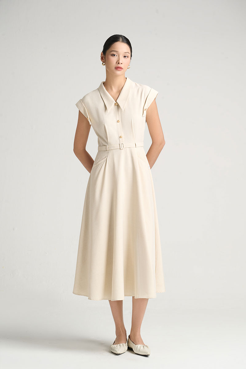 Đầm xoè đai eo vai bong đính cúc