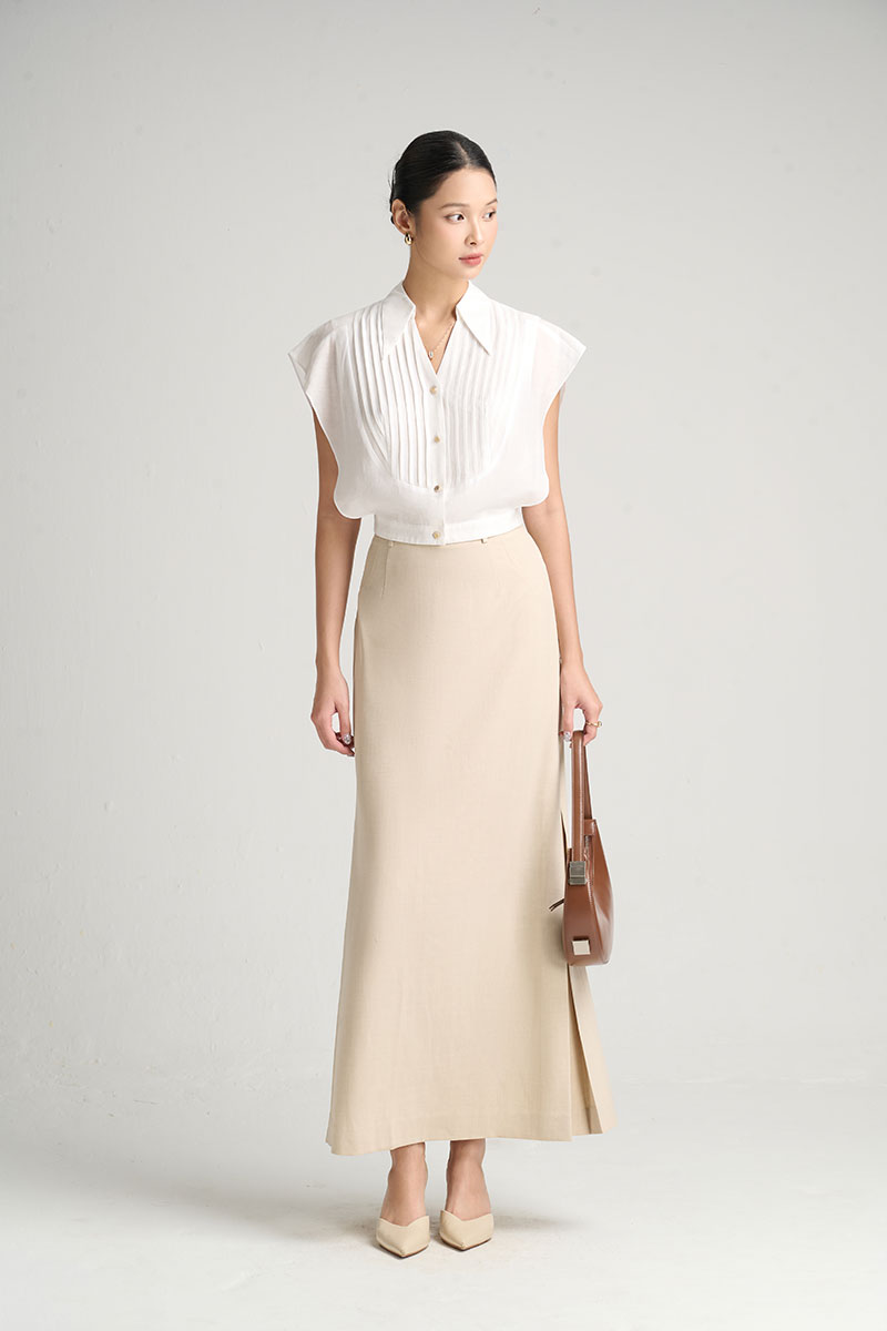 Chân váy dài xếp ly gấu sườn xẻ sau