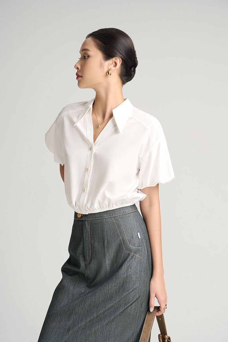 Sơ mi CT chun gấu nẹp cổ mở V