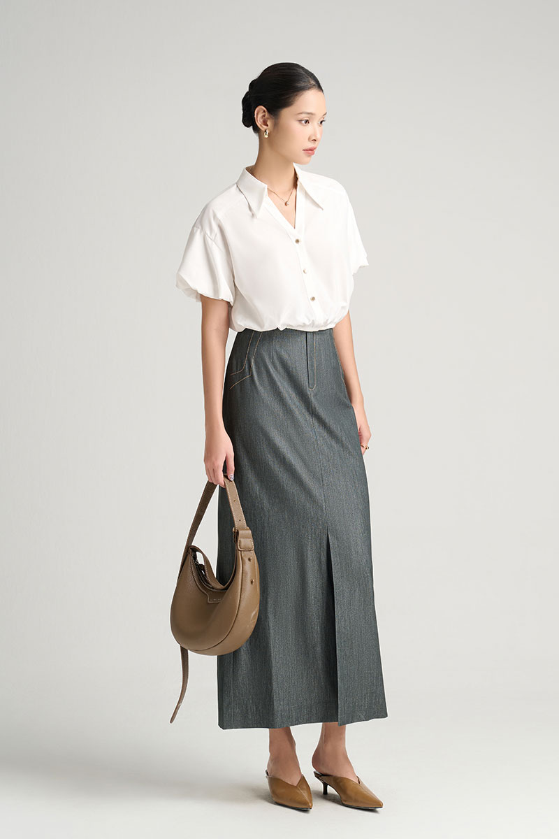 Chân váy dài bổ can diễu hình túi