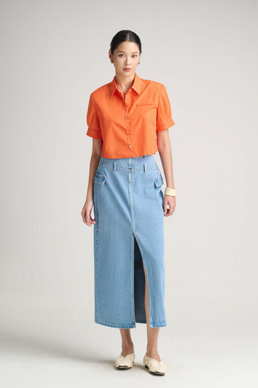 Chân váy jean dài cạp đôi nắp túi hông