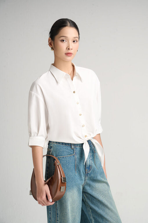 Sơ mi CT dáng thụng buộc nơ eo