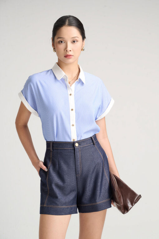 Sơ mi CT phối cổ măng sét, xẻ sau