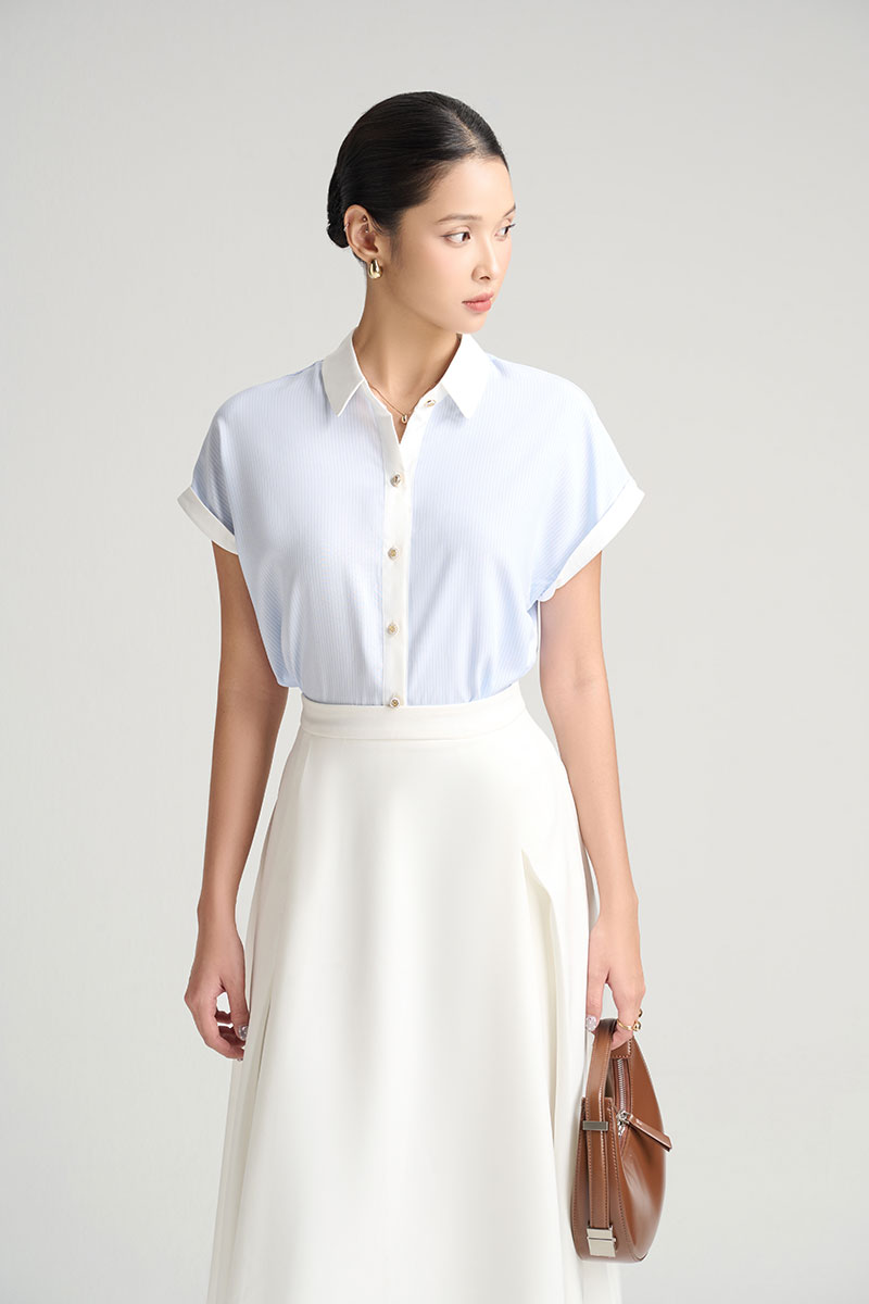 Sơ mi CT phối cổ măng sét, xẻ sau