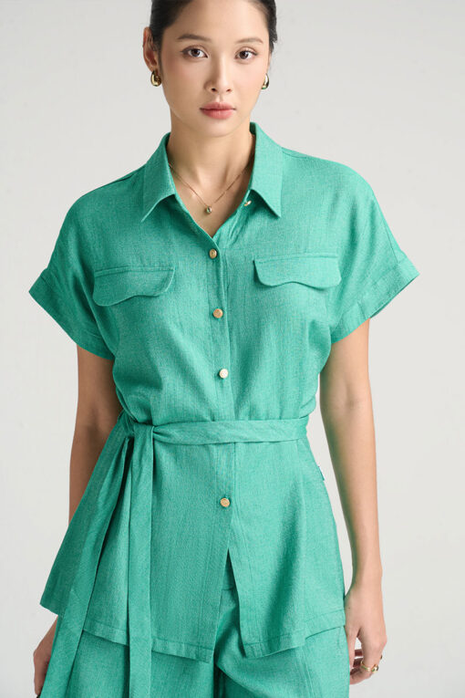 Sơ mi CT suông dài nắp túi lượn kèm dây