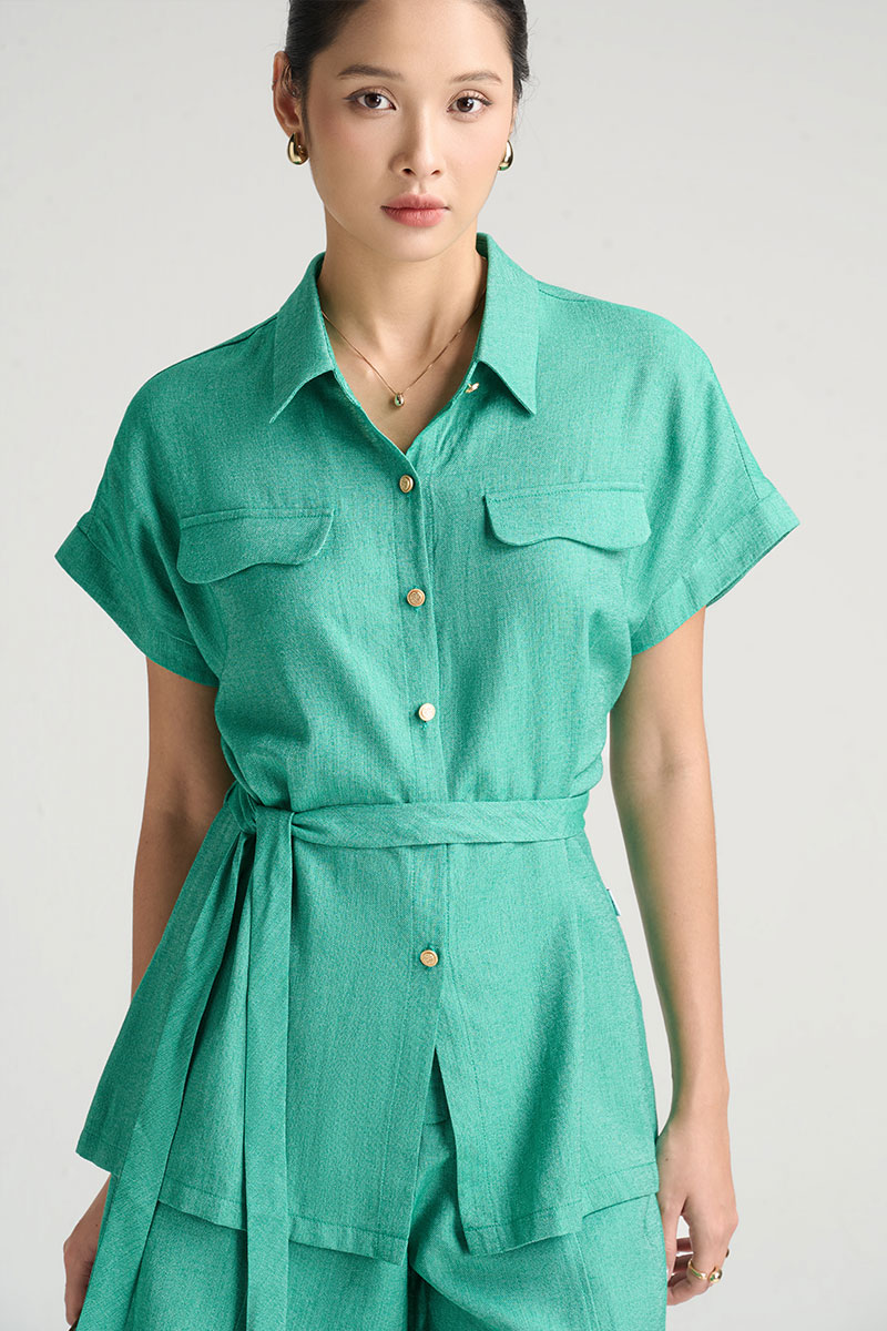 Sơ mi CT suông dài nắp túi lượn kèm dây