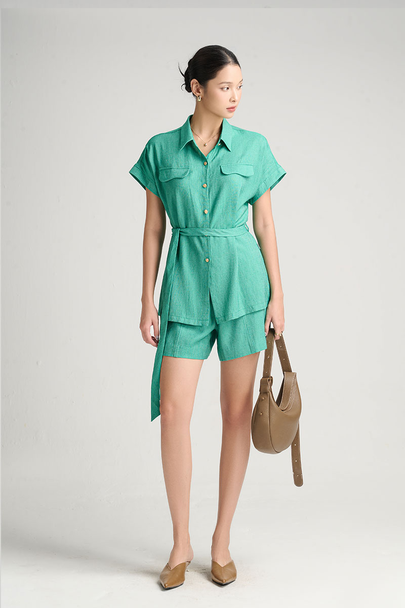 Sơ mi CT suông dài nắp túi lượn kèm dây