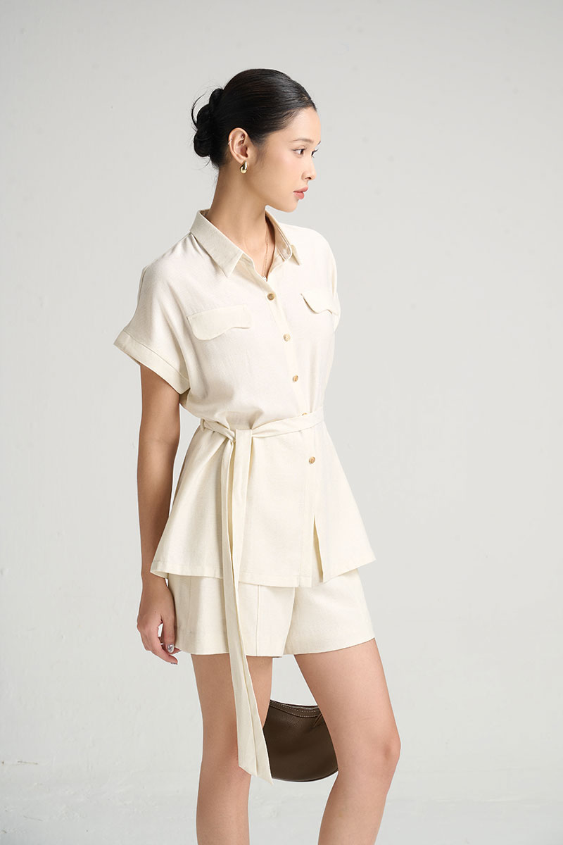 Sơ mi CT suông dài nắp túi lượn kèm dây