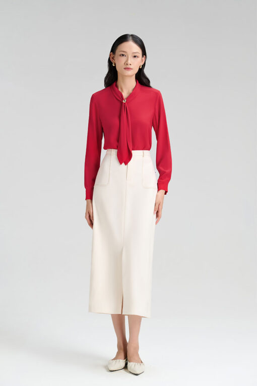 Sơ mi DT cổ luồn nơ đính cúc trang trí