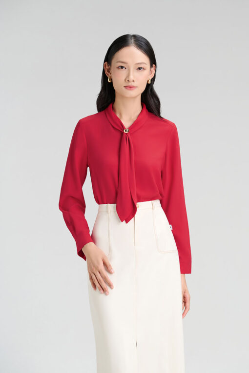 Sơ mi DT cổ luồn nơ đính cúc trang trí