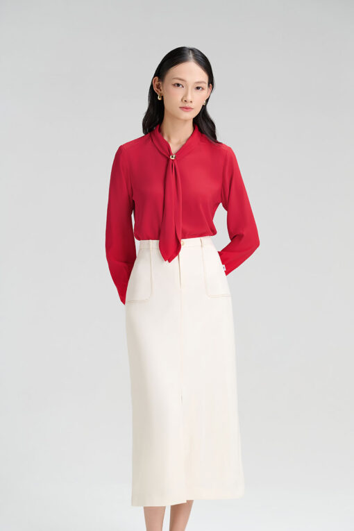 Sơ mi DT cổ luồn nơ đính cúc trang trí