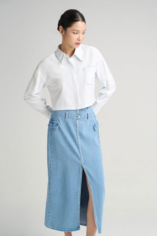 Sơ mi DT croptop túi ốp thêu