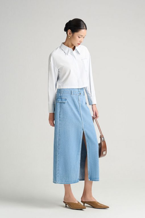 Sơ mi DT croptop túi ốp thêu