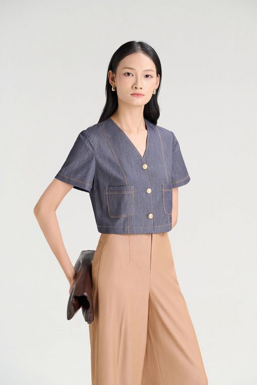 Áo kiểu CT croptop cổ V chần chỉ