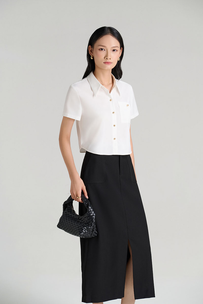 Sơ mi CT croptop túi ốp xếp đính cúc