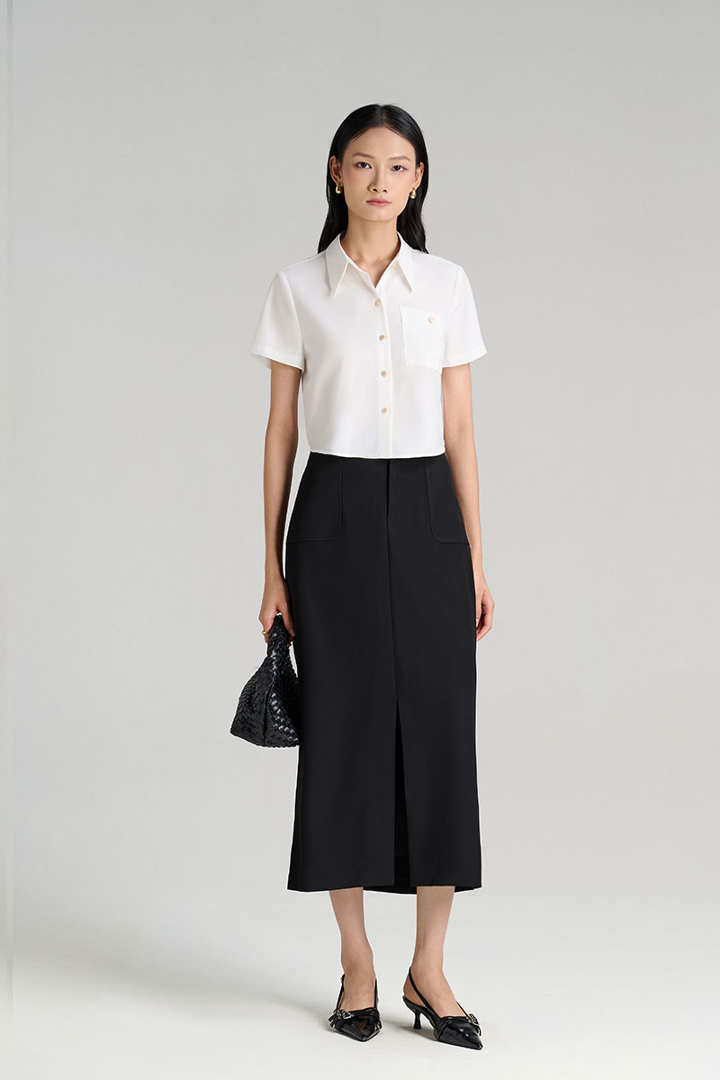 Sơ mi CT croptop túi ốp xếp đính cúc