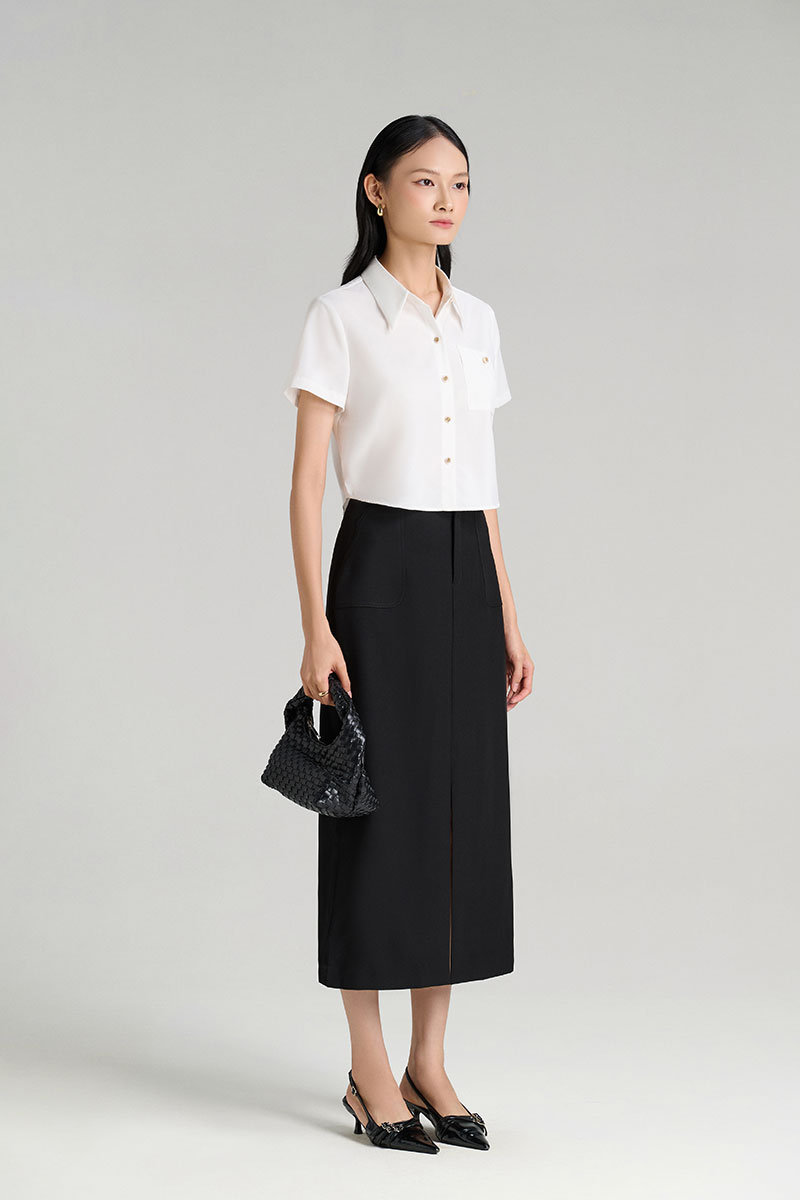 Sơ mi CT croptop túi ốp xếp đính cúc